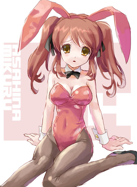 hachikou (hatty463), katahira masashi, asahina mikuru, suzumiya haruhi no yuuutsu, 00s, 1girl, animal ears, breasts, brown eyes, brown hair, fake animal ears, female focus, leotard, medium breasts, official alternate hairstyle, pantyhose, playboy bunny, rabbit ears, red hair, solo, twintails