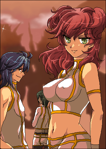 johann trinity, michael trinity, nena trinity, gundam, gundam 00, 00s, 1girl, 2boys, brother and sister, brothers, green eyes, midriff, multiple boys, oekaki, red hair, siblings, two side up, yellow eyes