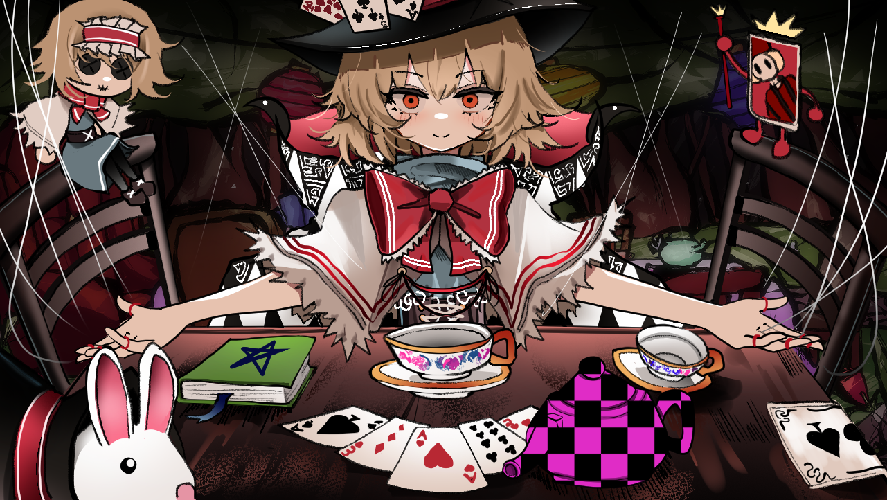 ougiikun, alice margatroid, mad alice, satsuki rin, gensokyo odyssey, touhou, non-web source, :3, blonde hair, blue dress, book, bow, bowtie, cape, card, chair, checkered cape, checkered clothes, cup, doll, dress, hairband, hat, missing texture (source), plate, playing card, puppet, puppet strings, rabbit, red bow, red bowtie, red eyes, smile, solid oval eyes, staff, table, teacup, teapot, top hat, tree