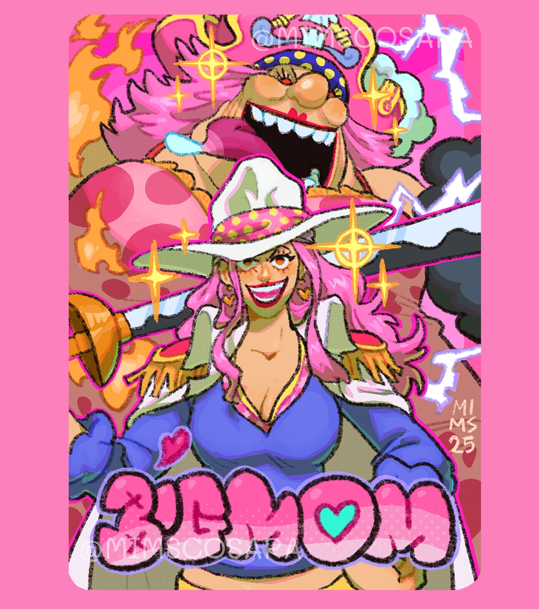 mimscosara, charlotte linlin, one piece, commentary, english commentary, highres, 1girl, aged down, cloud, coat, coat on shoulders, collared coat, electricity, eyelashes, fire, hand on own hip, hat, holding, holding weapon, long hair, multiple views, open mouth, pink background, pirate hat, smile, sparkle, twitter username, v-shaped eyebrows, weapon, white coat, white hat