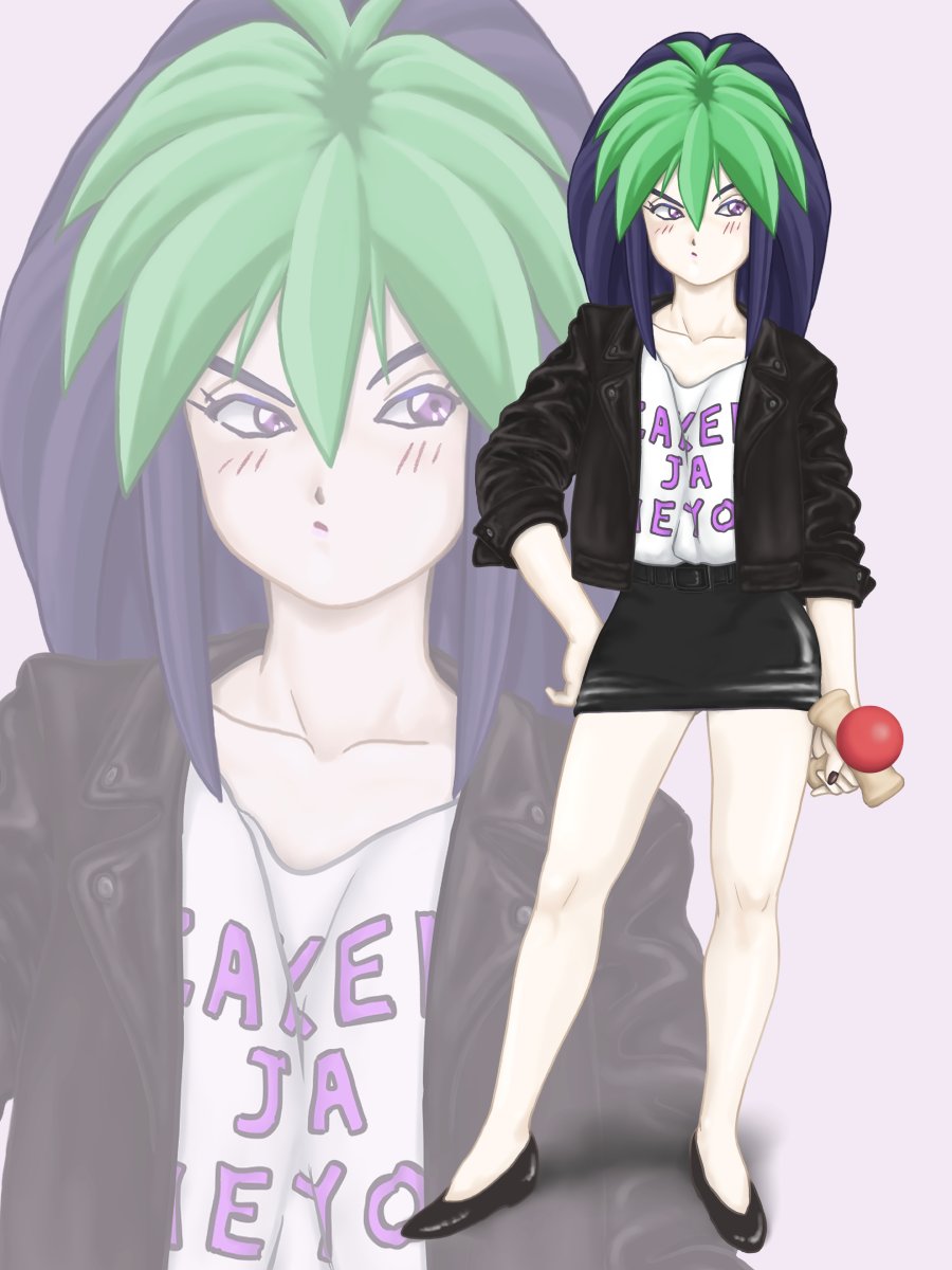 magical taruruuto-kun, character request, highres, 1girl, belt, black jacket, black skirt, blush, closed mouth, collarbone, full body, green hair, high heels, jacket, long hair, multicolored hair, nail polish, nyankot, purple eyes, skirt, solo