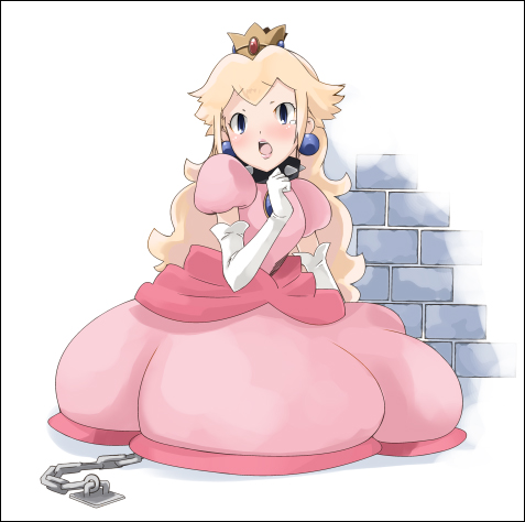 aka ume, princess peach, mario (series), nintendo, lowres, 1girl, bdsm, bondage, bound, chain, collar, crown, dress, earrings, elbow gloves, female focus, gloves, hat, jewelry, pink dress, solo, tears