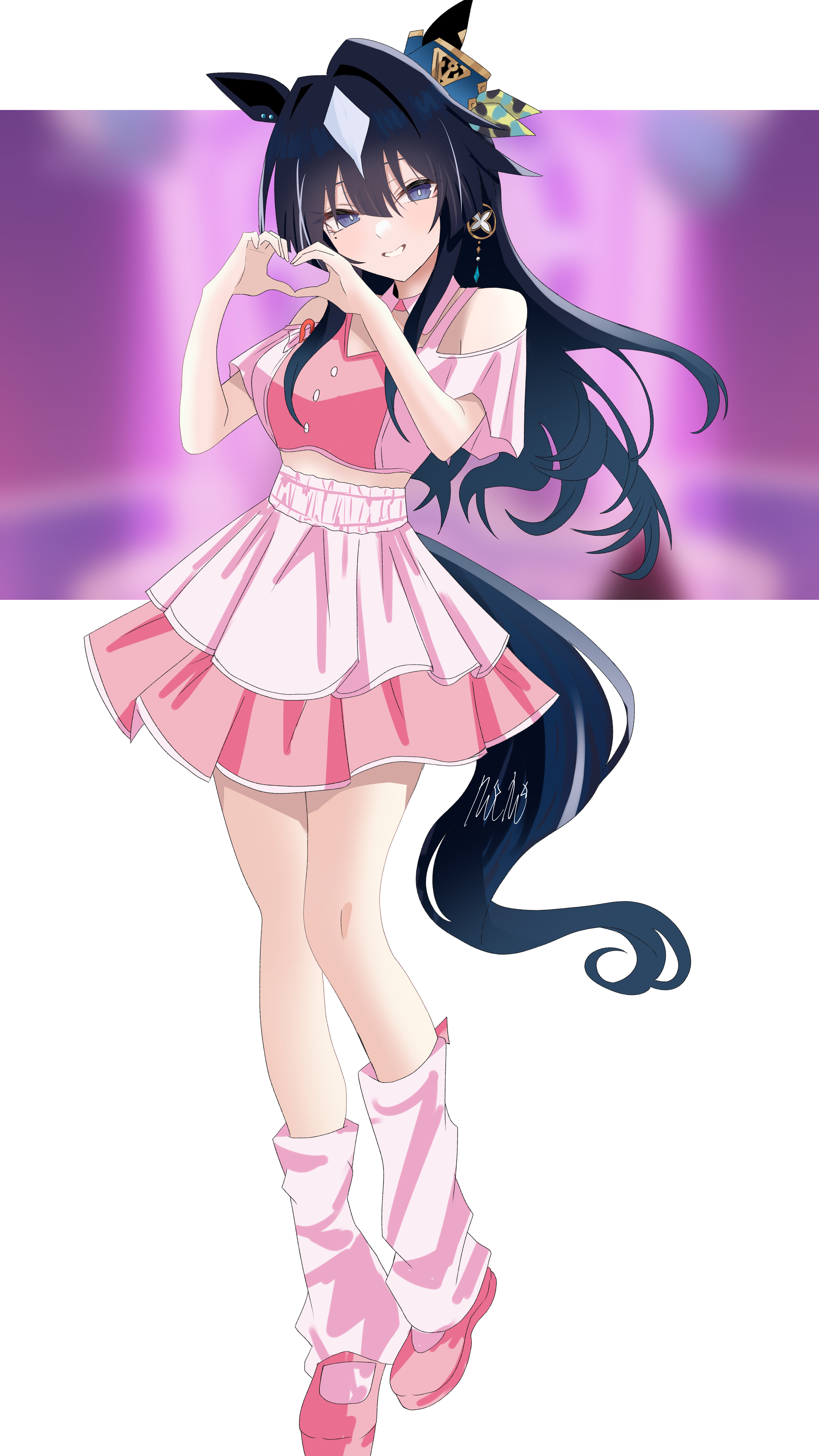 kirameki (rikukaikuu), verxina (umamusume), umamusume, absurdres, commentary request, highres, 1girl, animal ears, bare shoulders, blue hair, clothing cutout, dress, ear covers, ears through headwear, full body, hair between eyes, heart, heart hands, horse ears, horse girl, horse tail, long hair, loose necktie, multicolored hair, necktie, pink dress, pink shoes, pink skirt, pink socks, pleated skirt, purple eyes, shoes, short sleeves, shoulder cutout, simple background, single ear cover, skirt, smile, socks, solo, standing, streaked hair, tail, very long hair, white background, white hair