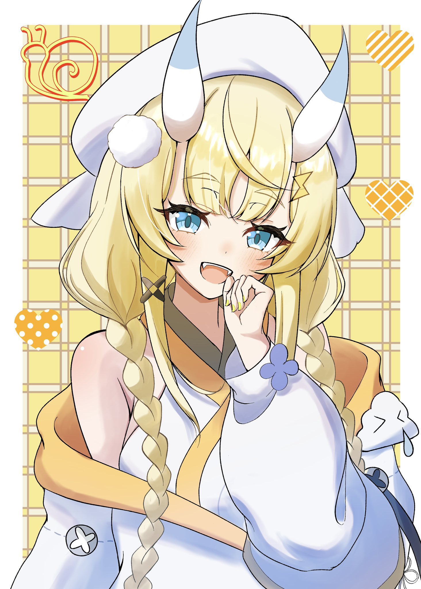 kadou mikaru, nijisanji, highres, 1girl, :d, bachibachiaxel, bare shoulders, blonde hair, blue eyes, blue horns, blush, border, braid, coat, coat partially removed, fangs, hair ornament, hair over shoulder, hand to own mouth, hat, heart, horns, japanese clothes, kimono, layered sleeves, lightning bolt, lightning bolt hair ornament, lightning bolt symbol, long sleeves, looking at viewer, low twin braids, multicolored horns, nail polish, open mouth, outside border, plaid background, pom pom (clothes), pom pom hair ornament, puffy long sleeves, puffy sleeves, screw, short over long sleeves, short sleeves, sidelocks, smile, solo, twin braids, two-tone horns, upper body, virtual youtuber, white border, white coat, white hat, white horns, white kimono, x hair ornament, yellow background, yellow nails, yellow trim
