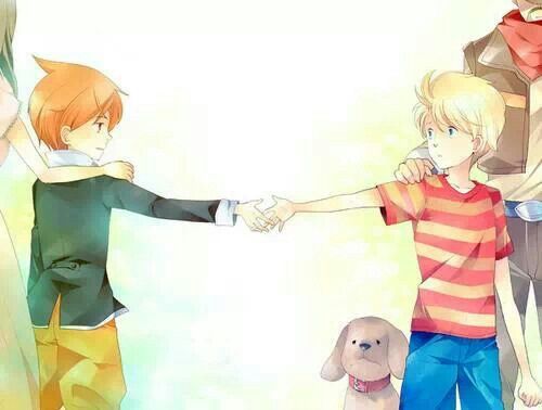 boney, claus (mother 3), flint (mother 3), hinawa, lucas (mother 3), mother (series), nintendo, lowres, non-web source, blonde hair, blue pants, cowboy shot, dog, facial hair, family, father and son, multiple boys, pants, shirt