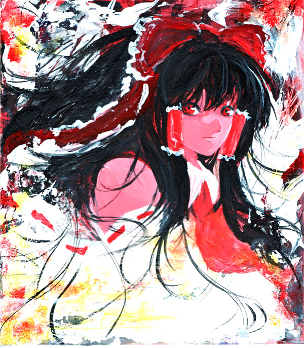 tomasu, tsurukame, hakurei reimu, touhou, 1girl, bare shoulders, black hair, bow, collar, colored skin, detached sleeves, expressionless, female focus, hair bow, hair tubes, long sleeves, looking at viewer, red bow, red eyes, red skin, sidelocks, solo, upper body, vest