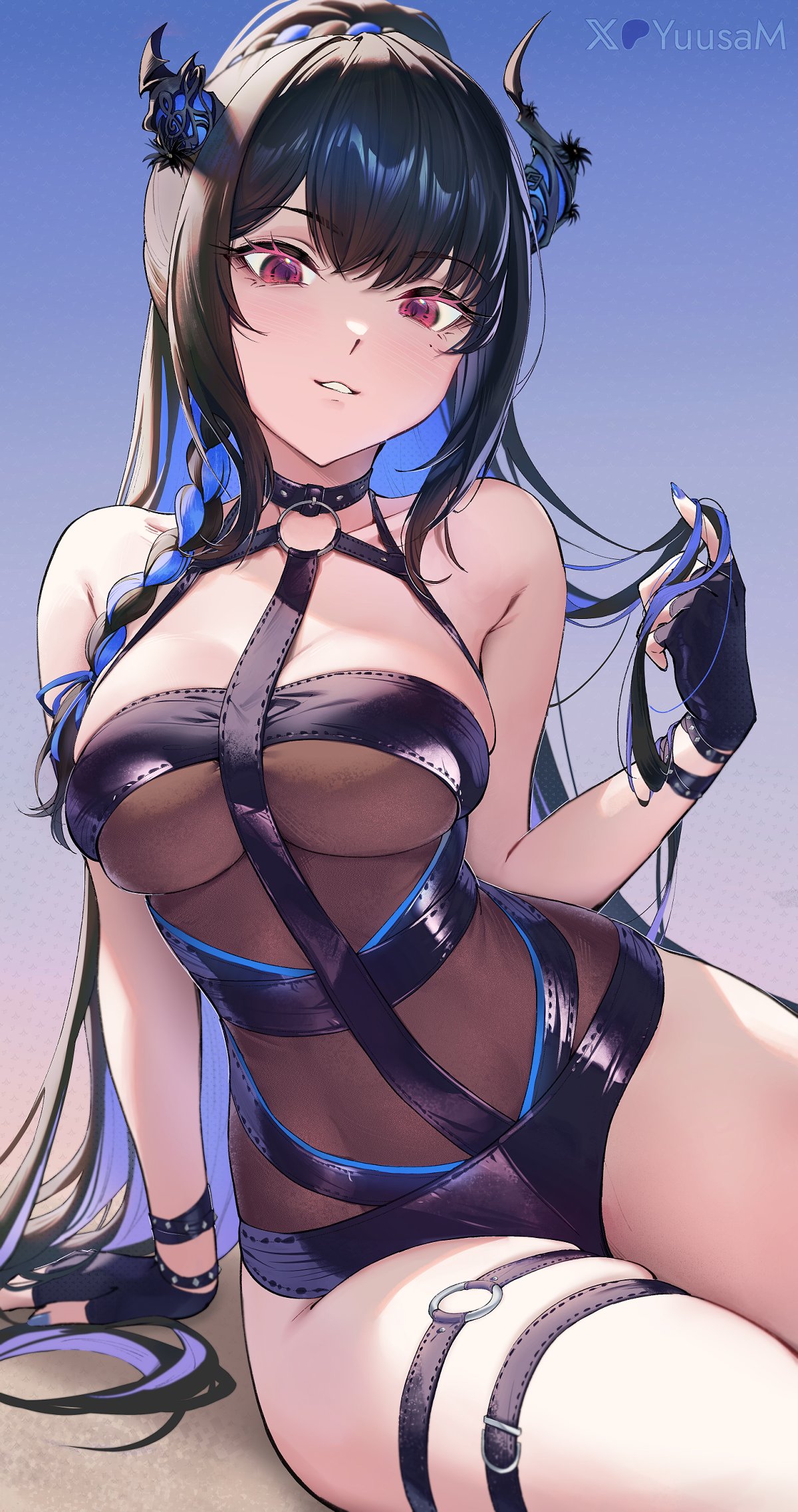 matsushimayuusa, nerissa ravencroft, nerissa ravencroft (holonatsu paradise), hololive, hololive english, highres, 1girl, bare arms, bare shoulders, black gloves, black hair, blue hair, bodystocking, fingerless gloves, gloves, hand up, long hair, looking at viewer, parted lips, red eyes, smile, solo, thigh strap, thighs, virtual youtuber