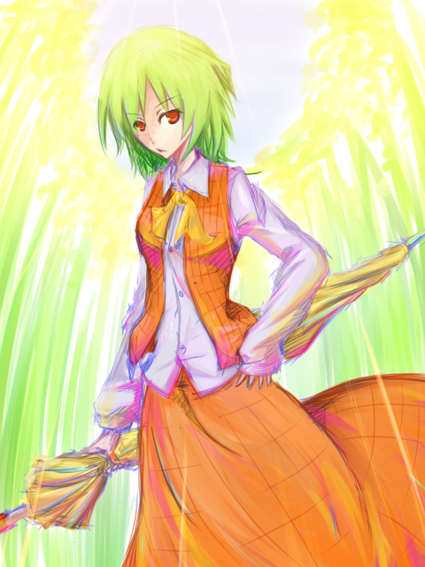 simon letty, kazami yuuka, touhou, 1girl, ascot, closed umbrella, female focus, green hair, parasol, plaid clothes, plaid skirt, plaid vest, red eyes, short hair, skirt, solo, umbrella, vest