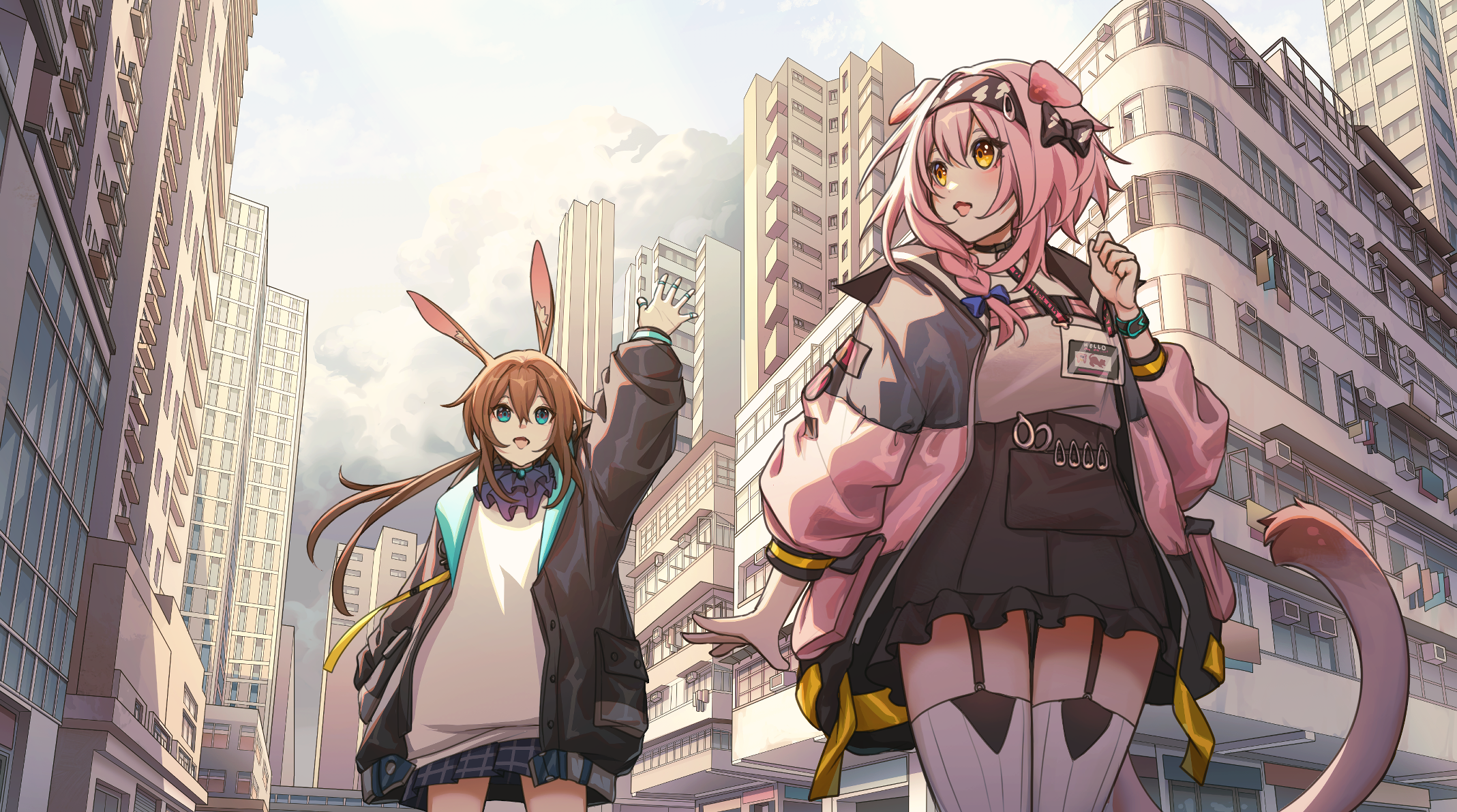 ev-oo, amiya (arknights), goldenglow (arknights), arknights, commentary, english commentary, highres, 2girls, :d, animal ears, arm up, ascot, black bow, black hairband, black jacket, black skirt, blue ascot, blue bow, blue eyes, bow, braid, brown hair, cat ears, cat girl, cat tail, city, cowboy shot, garter straps, grey jacket, hair bow, hairband, hand up, id card, jacket, lightning bolt print, long hair, long sleeves, miniskirt, multicolored jacket, multiple girls, open clothes, open jacket, open mouth, outdoors, pink hair, pink jacket, plaid clothes, plaid skirt, pleated skirt, puffy long sleeves, puffy sleeves, rabbit ears, rabbit girl, shirt, side braid, skirt, smile, tail, thighhighs, waving, white shirt, yellow eyes, zettai ryouiki