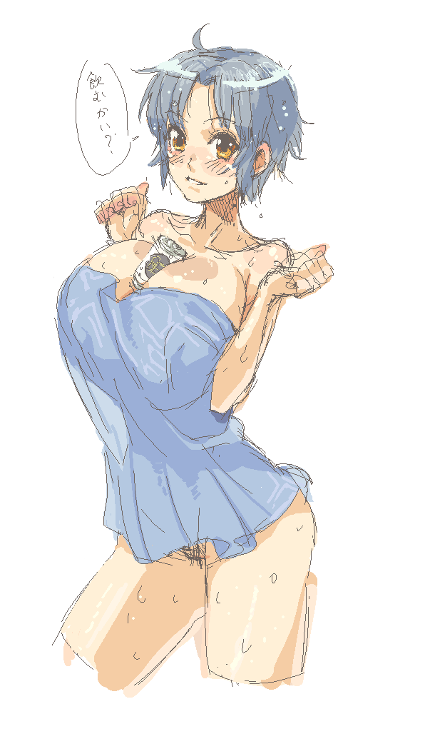 mumu, original, 1girl, between breasts, breasts, can, female focus, female pubic hair, huge breasts, large breasts, naked towel, oekaki, pubic hair, sketch, solo, towel