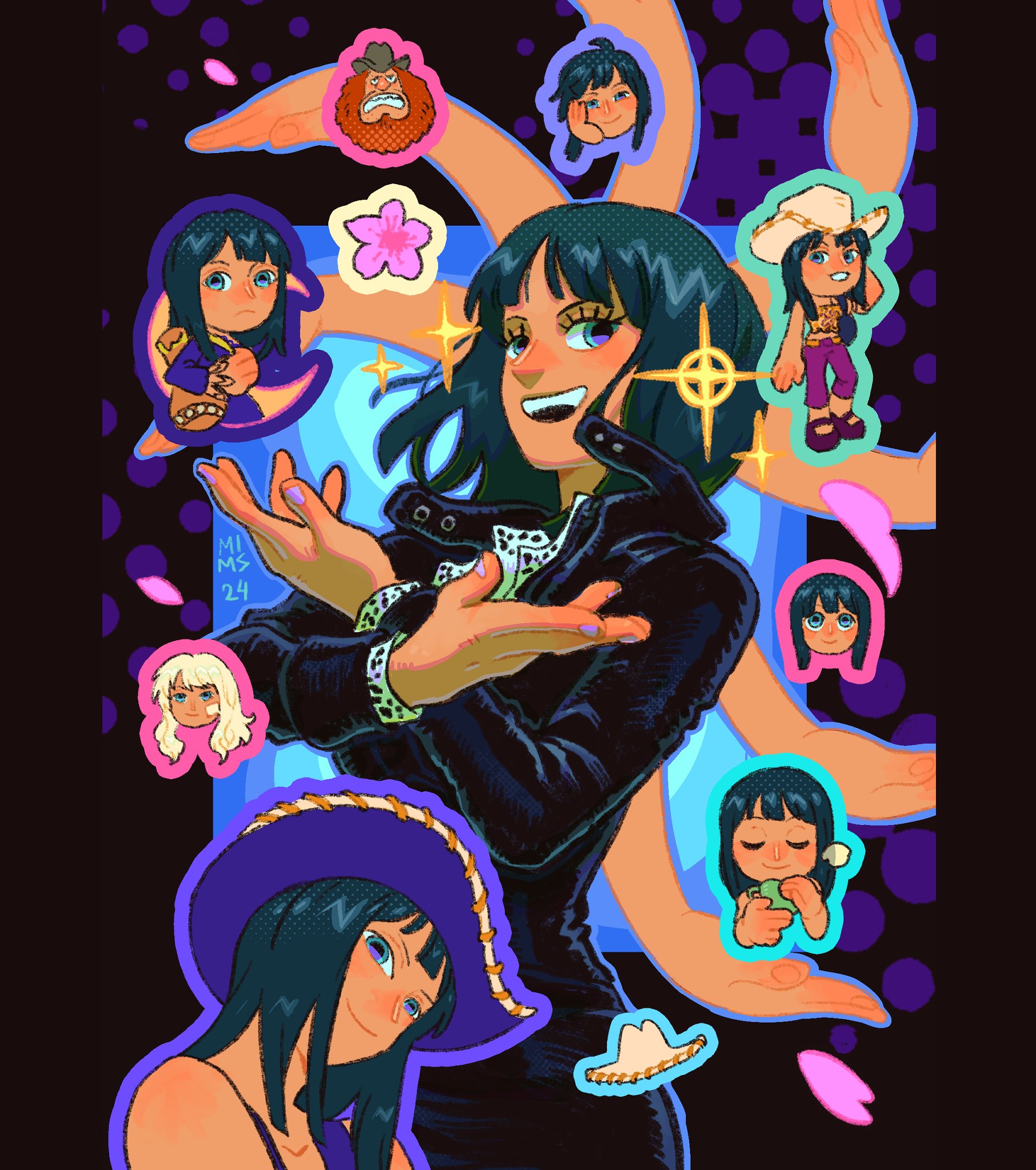 mimscosara, jaguar d. saul, nico olvia, nico robin, nico robin (skypiea), nico robin (thriller bark), nico robin (water 7), nico robin (whisky peak), one piece, commentary, english commentary, highres, 1girl, 2025, 2girls, bag, beard, black dress, blue eyes, blunt bangs, cowboy hat, crossed arms, cup, dress, extra arms, eyelashes, facial hair, hat, head rest, holding, holding cup, long beard, medium hair, mother and daughter, multiple girls, multiple views, orange hair, pants, pink petals, purple hat, purple pants, shoulder bag, smile, sparkle, white hair, white hat