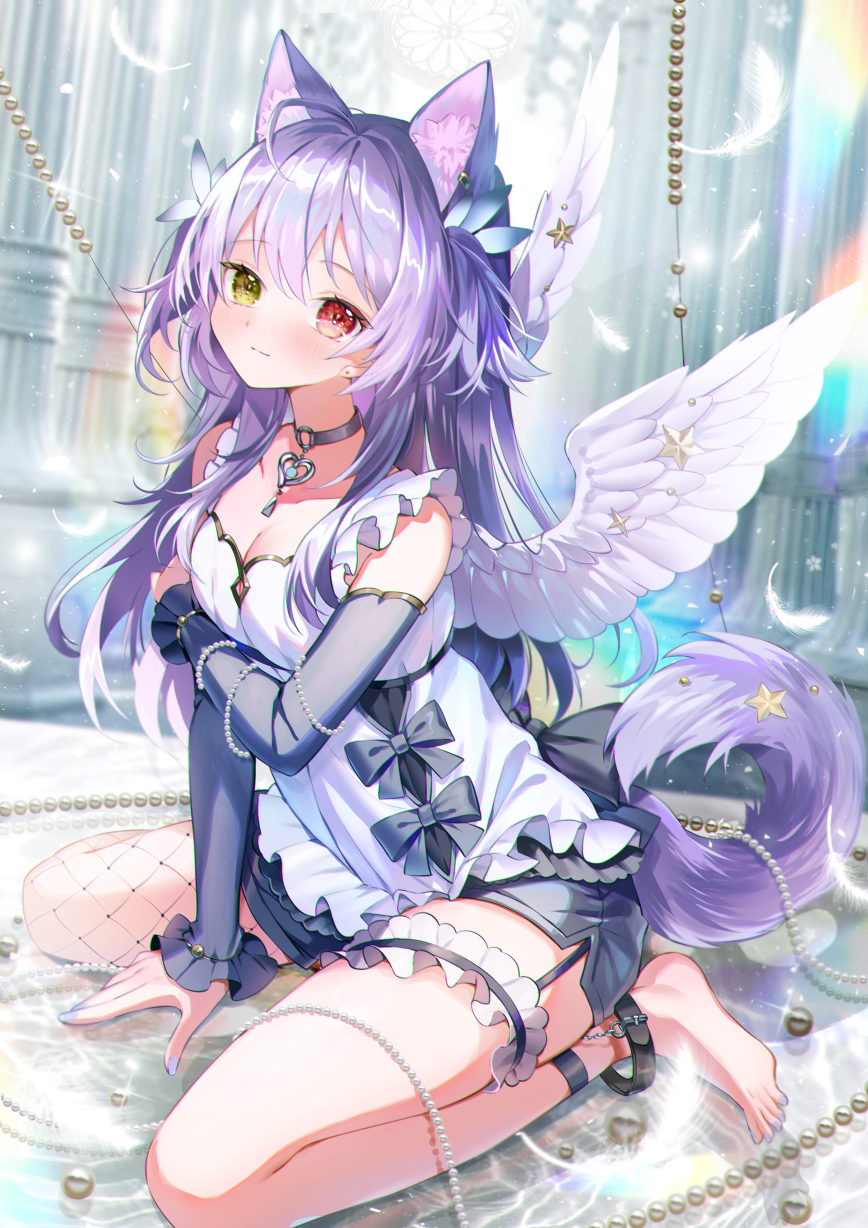 07touka25, original, highres, 1girl, animal ears, barefoot, black choker, breasts, choker, detached sleeves, frilled thigh strap, heterochromia, kneeling, long hair, looking at viewer, medium breasts, pendant choker, purple hair, red eyes, single fishnet legwear, single leg pantyhose, solo, tail, thigh strap, white wings, wings, yellow eyes