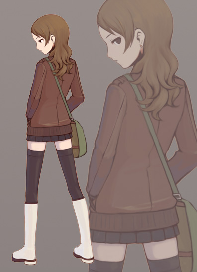 mamoru (arizona), 1girl, bag, boots, earrings, female focus, jewelry, solo, thighhighs, zettai ryouiki, zoom layer