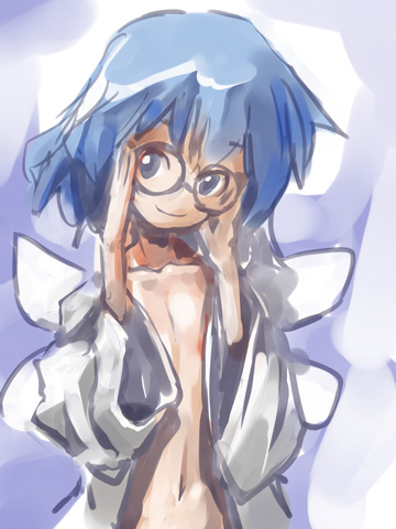 yohane, cirno, touhou, lowres, 1girl, adjusting eyewear, bespectacled, dress, female focus, glasses, gradient background, navel, open clothes, open shirt, shirt, sketch, solo
