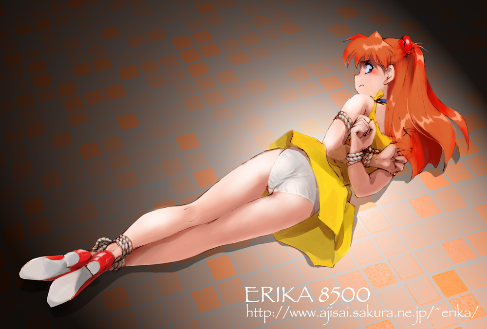 shibata masahiro, souryuu asuka langley, neon genesis evangelion, 1girl, arms behind back, ass, bdsm, blue eyes, blush, bondage, bound, dress, female focus, floor, hair ornament, hairclip, high heels, looking back, panties, red hair, rope, shibari, shoes, solo, underwear, watermark, web address, white panties, yellow dress