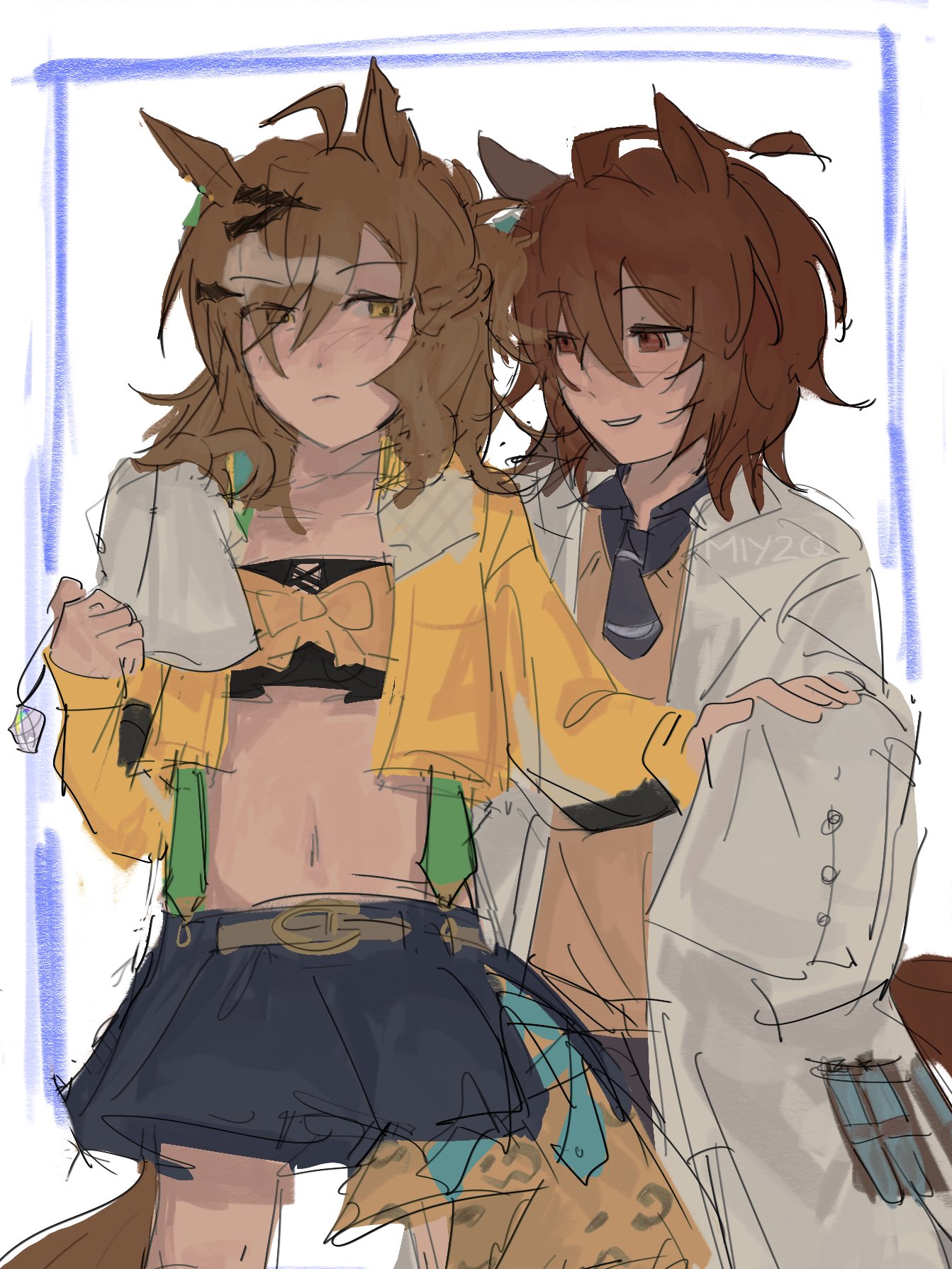 agnes tachyon (umamusume), jungle pocket (umamusume), umamusume, umamusume: beginning of a new era, highres, 2girls, ahoge, animal ears, animal print, belt, blue border, blush, border, bow, bowtie, brown hair, chest bow, collared shirt, crop top, cropped jacket, floppy sleeves, hair between eyes, horse ears, horse girl, horse tail, lab coat, leopard print, looking at another, multicolored hair, multiple girls, parted lips, red eyes, shirt, simple background, sketch, skirt, smile, streaked hair, suspenders, sweater, tail, twitter username, vial, watermark, white background, white streaks, yellow eyes, yellow sweater