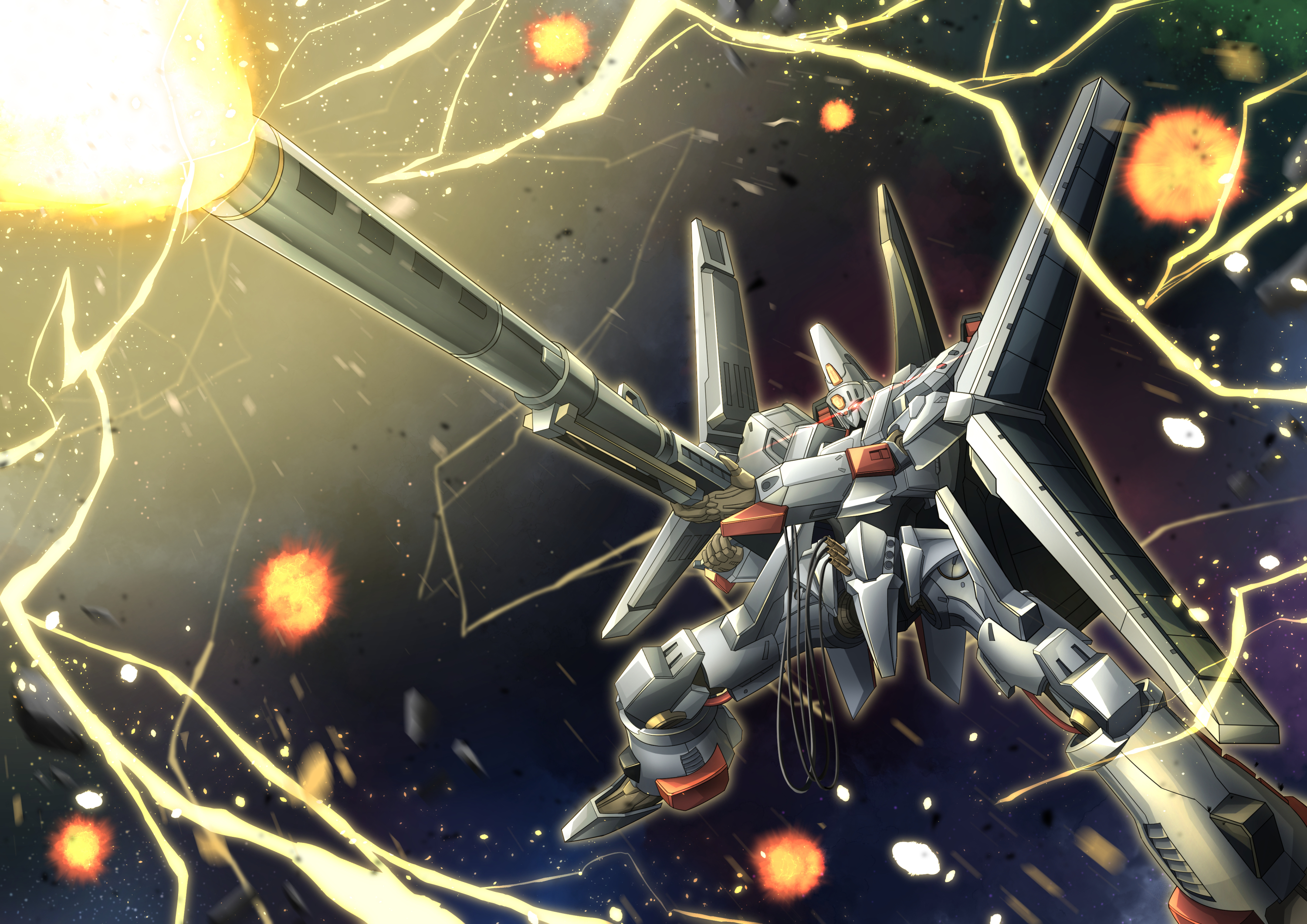 troy (oxaa01ex), l-gaim mk ii, juusenki l-gaim, commentary, highres, beam rifle, debris, electricity, energy gun, explosion, firing, foreshortening, full body, glowing, glowing eyes, gun, holding, holding gun, holding weapon, legs apart, mecha, mecha focus, no humans, red eyes, robot, science fiction, solo, space, weapon