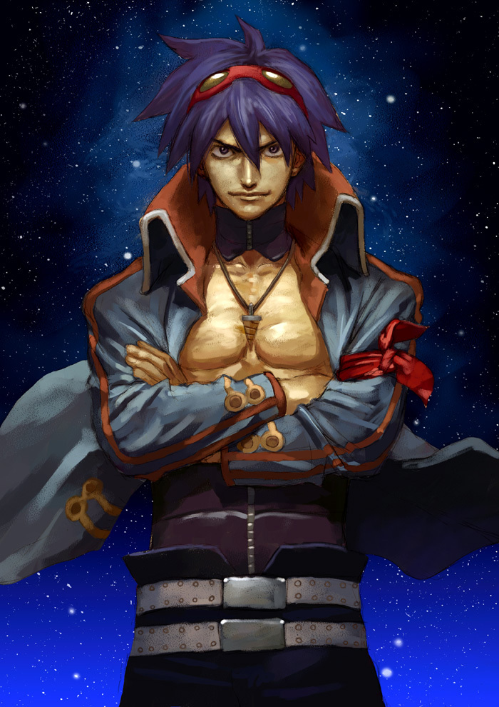 itou satoshi, simon (ttgl), tengen toppa gurren lagann, 00s, 1boy, aged up, coat, core drill, drill, epic, goggles, goggles on head, jacket, male focus, manly, muscular, realistic, sky, solo, space, star (symbol), trench coat