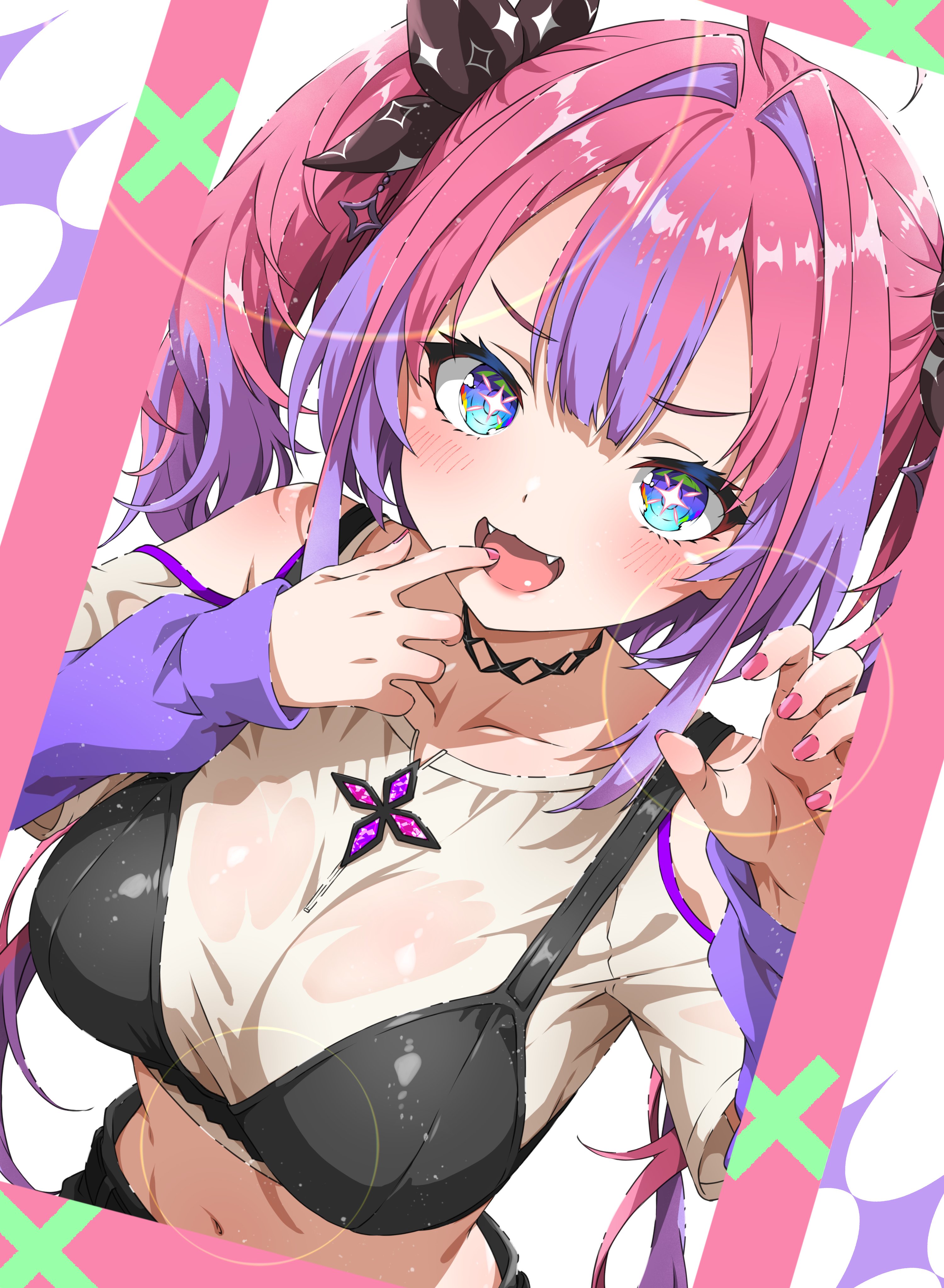 isakoro (hx9cj), kikirara vivi, hololive, hololive dev is, absurdres, highres, 1girl, black bra, blue eyes, bra, bra over clothes, breasts, fangs, large breasts, long hair, multicolored hair, navel, open mouth, pink hair, purple hair, shirt, solo, sparkling eyes, twintails, two-tone hair, underwear, upper body, virtual youtuber, white shirt
