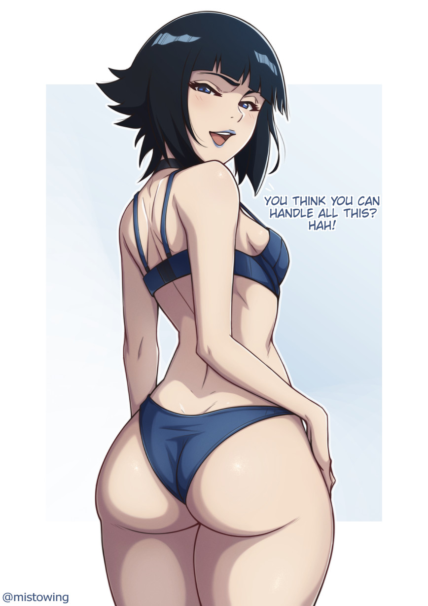 mistowing, sui-feng, bleach, bleach: sennen kessen-hen, 1girl, artist name, ass, bare shoulders, black hair, blue lips, breasts, choker, english text, female focus, hand on own hip, legs together, medium hair, open mouth, simple background, small breasts, solo, standing, thighs
