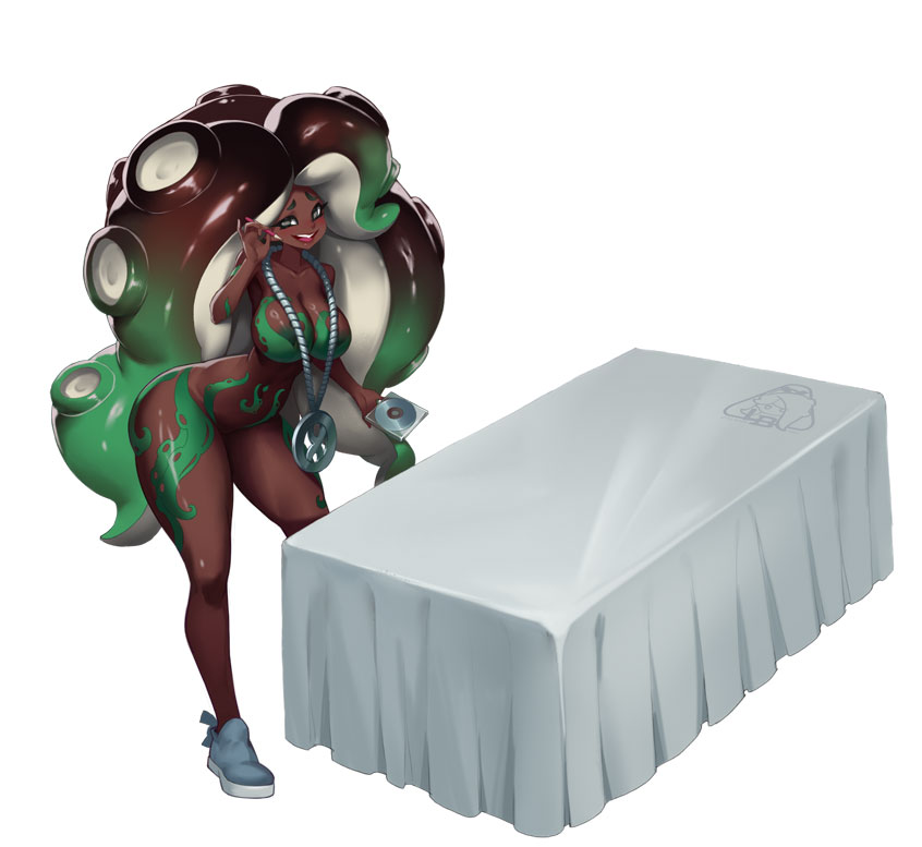 little blood, marina (splatoon), nintendo, splatoon (series), splatoon 2, 1girl, breasts, dark-skinned female, dark skin, large breasts, solo, tentacle hair