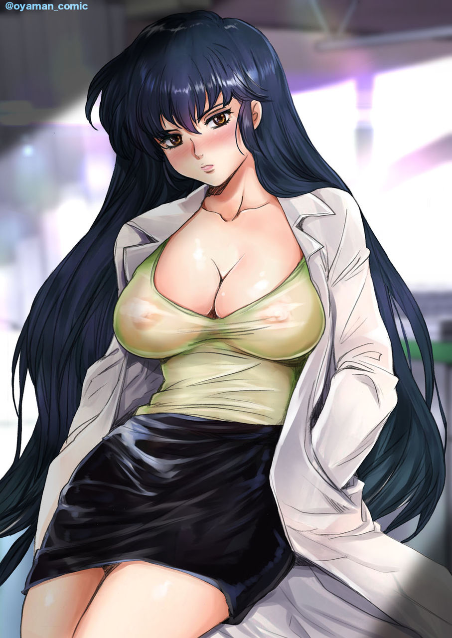 oyaman, sakura (urusei yatsura), urusei yatsura, 80s, black hair, blush, blushing female, breast focus, breasts, brown eyes, cleavage, huge breasts, indoors, lab coat, large breasts, lipstick, long hair, looking at viewer, makeup, nipples, oldschool, pink lips, see-through clothes, see-through shirt, shirt, skirt, sunlight, sunlight rays, thighs, thighs focus