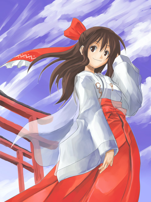 yohane, hakurei reimu, touhou, 1girl, brown eyes, brown hair, cloud, day, female focus, hakama, hakama skirt, japanese clothes, looking at viewer, miko, red hakama, see-through clothes, skirt, smile, solo, torii