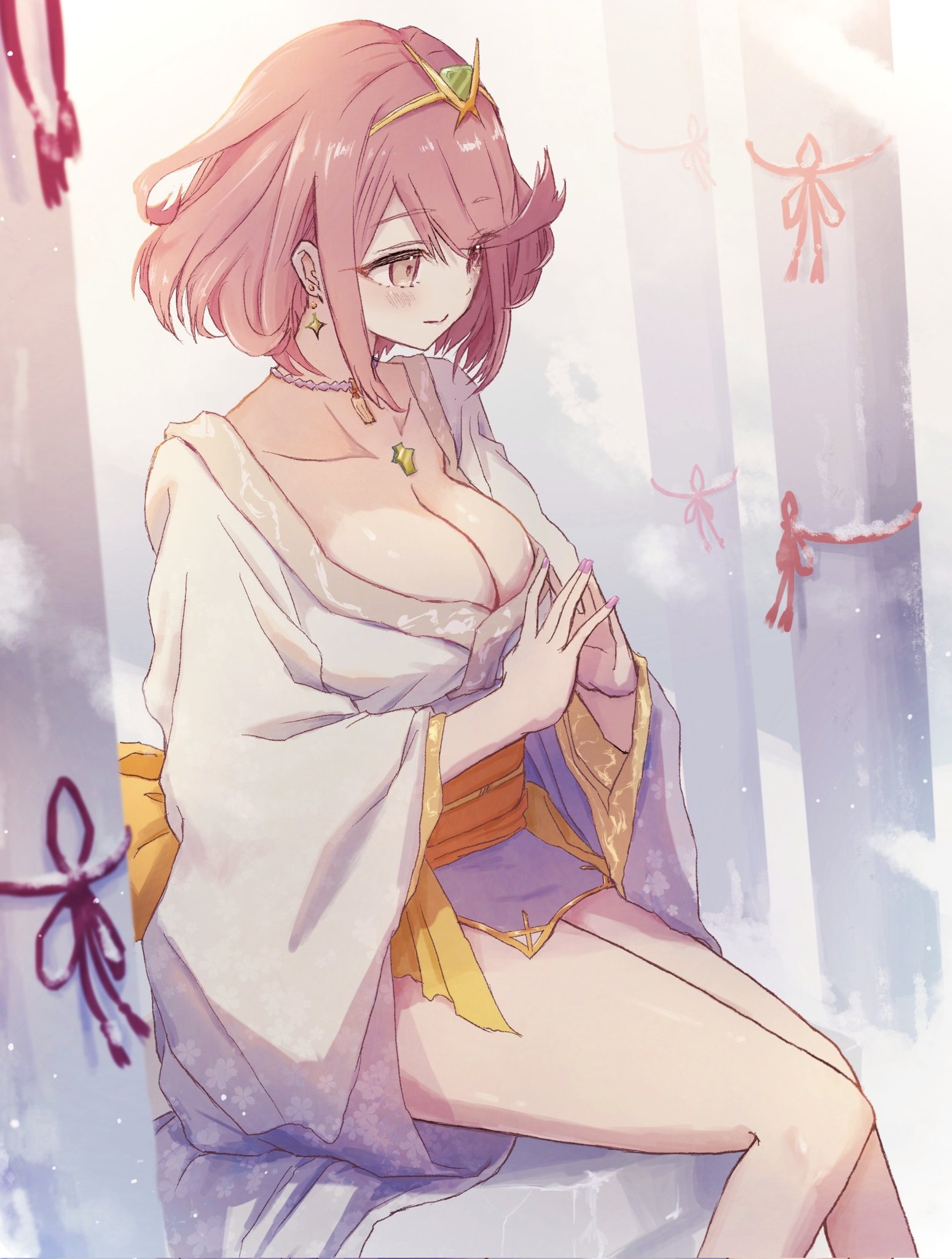 takumi (user xmwf4727), pyra (xenoblade), xenoblade chronicles (series), xenoblade chronicles 2, commentary request, highres, making-of available, 1girl, alternate costume, bob cut, breasts, cleavage, closed mouth, collarbone, core crystal (xenoblade), earrings, japanese clothes, jewelry, kimono, large breasts, medium hair, orange sash, own hands together, pink nails, red hair, sitting, smile, solo, star (symbol), star earrings, thighs, tiara, white kimono