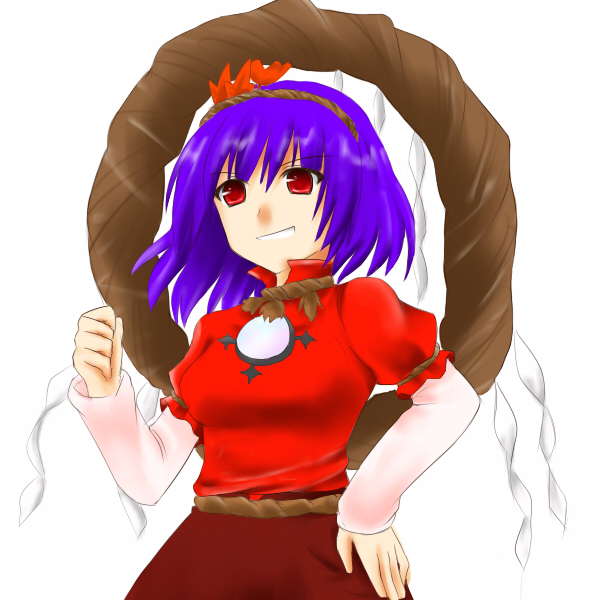 yasaka kanako, touhou, 1girl, female focus, hair ornament, leaf hair ornament, rope, shimenawa, solo