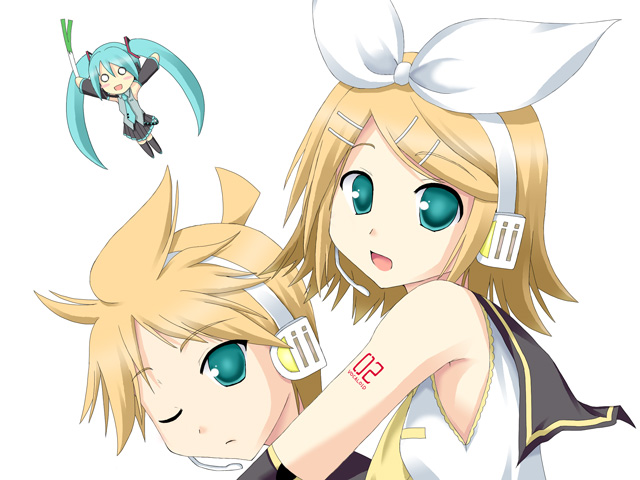 koumei (artist), koumei (harmonizer), hatsune miku, kagamine len, kagamine rin, vocaloid, 1boy, 2girls, brother and sister, chibi, flying, koomee, multiple girls, siblings, spring onion, twins