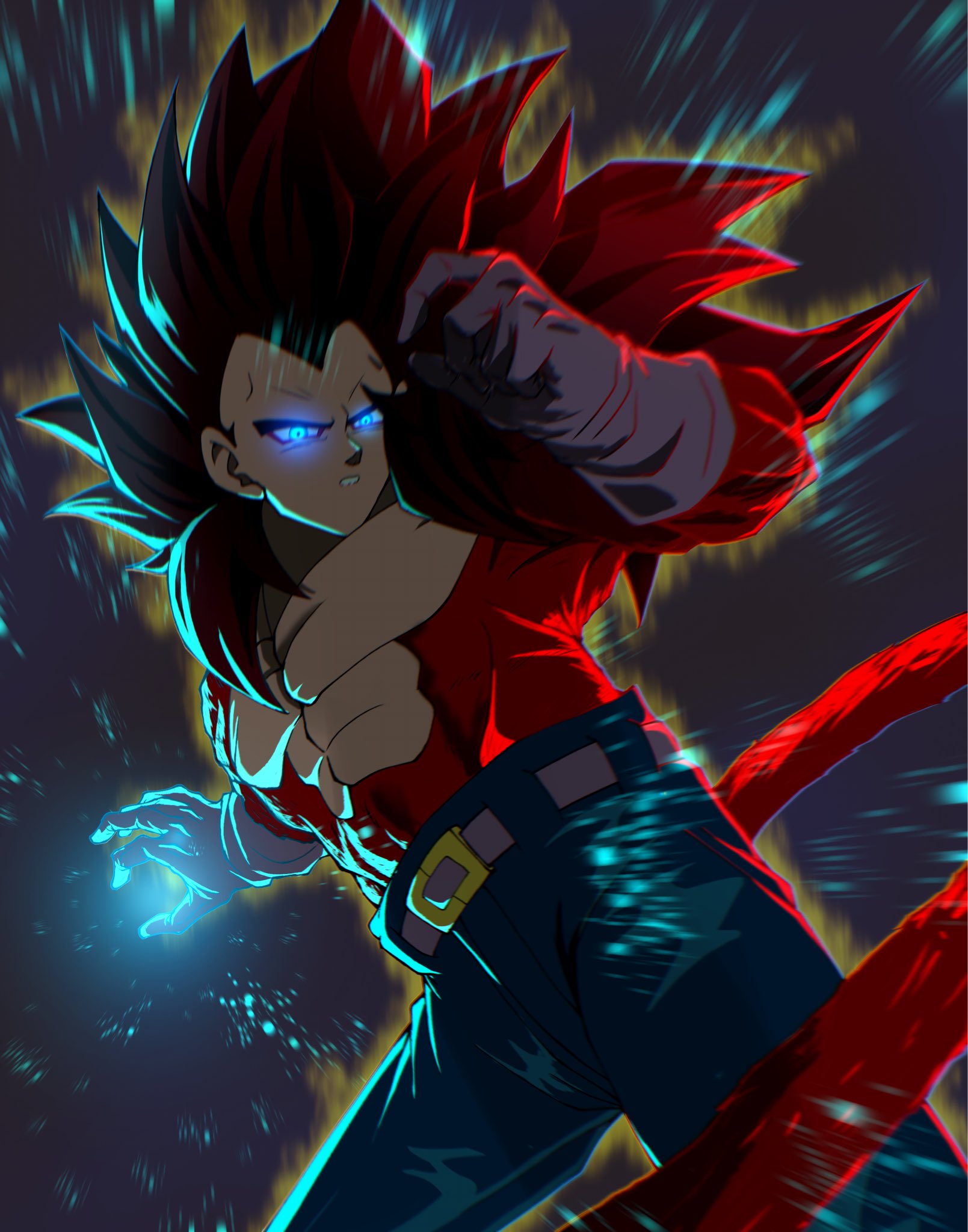 coyote koyoharu, vegeta, dragon ball, dragon ball gt, highres, 1boy, black hair, blue pants, body fur, cowboy shot, gloves, grey background, grey gloves, long hair, male focus, muscular, muscular male, pants, red fur, simple background, solo, spiked hair, super saiyan, super saiyan 4, topless male