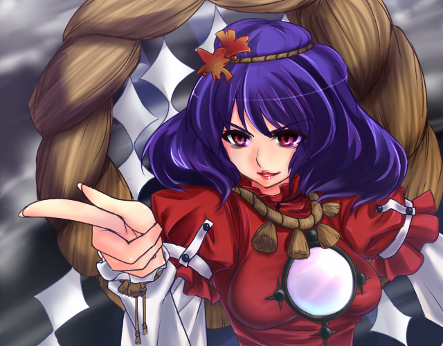 sushikuugo (suisen), yasaka kanako, touhou, bad id, bad pixiv id, 1girl, blue hair, female focus, hair ornament, leaf hair ornament, red eyes, rope, shide, shimenawa, short hair, solo