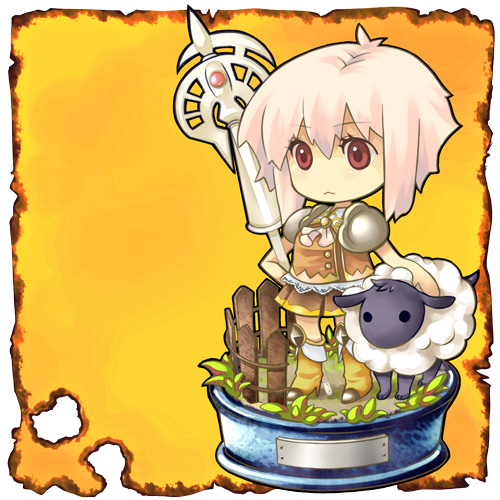 mayuzumi, lowres, 1girl, boots, chibi, faux figurine, female focus, figure stage, pink hair, red eyes, sheep, short hair, skirt, solo