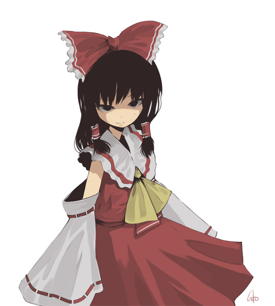 inemuri uno, hakurei reimu, touhou, 1girl, black hair, bow, detached sleeves, expressionless, female focus, grey background, hair bow, hair tubes, inemuriuno, long sleeves, looking at viewer, red bow, ribbon-trimmed sleeves, ribbon trim, shaded face, shadow, sidelocks, simple background, solo, standing