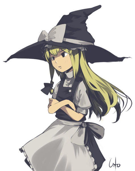inemuri uno, kirisame marisa, touhou, 1girl, blonde hair, crossed arms, female focus, hat, inemuriuno, simple background, solo, witch, witch hat