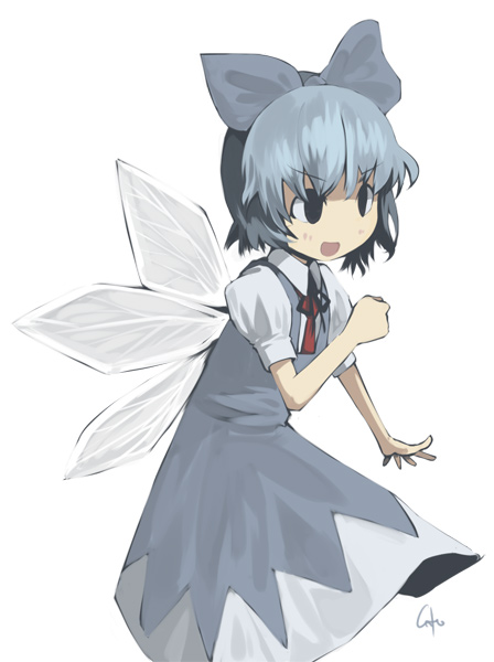 inemuri uno, cirno, touhou, 1girl, blue hair, bow, female focus, inemuriuno, smile, solo, wings