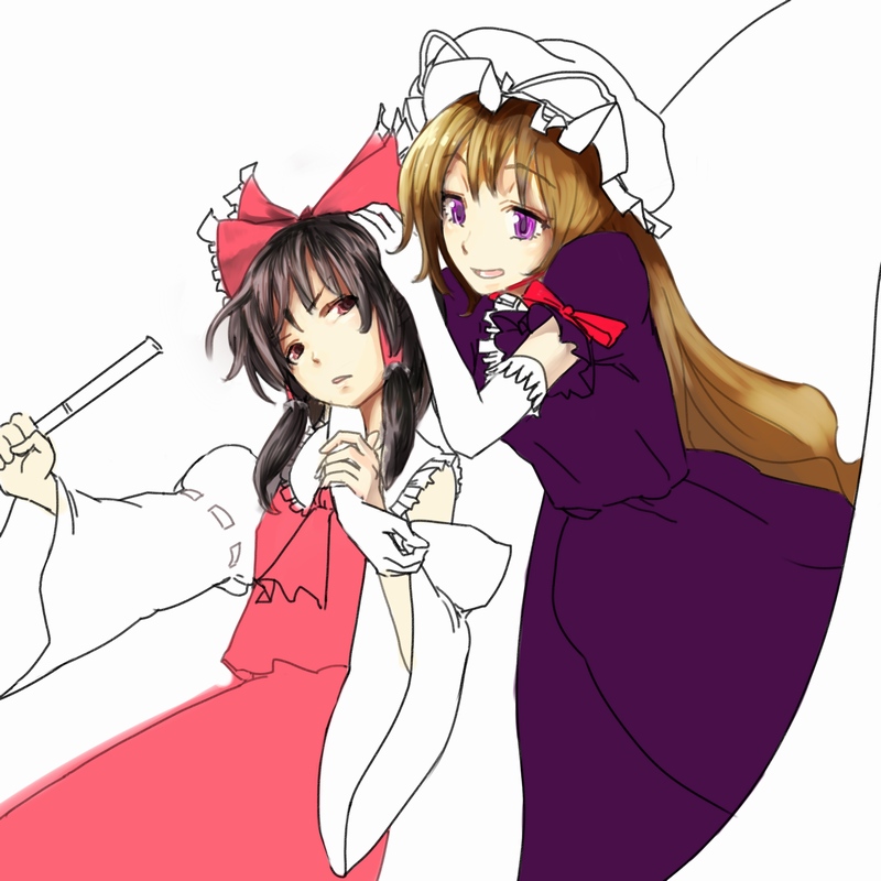 chirigami-san, hakurei reimu, yakumo yukari, touhou, 2girls, annoyed, dress, elbow gloves, female focus, gloves, multiple girls, partially colored, purple dress, white gloves