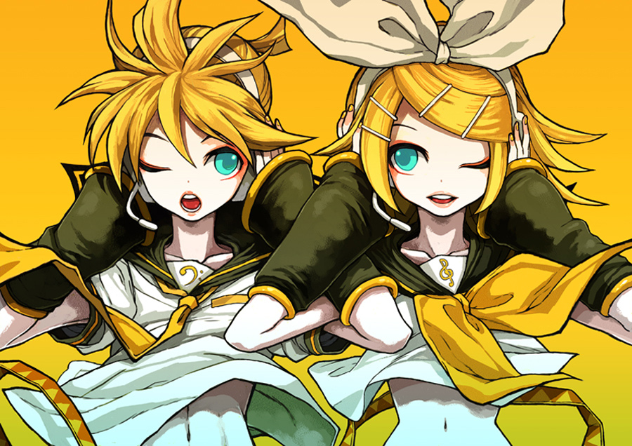 kimimaru, kagamine len, kagamine rin, vocaloid, 1boy, 1girl, brother and sister, gradient background, headphones, headset, lips, looking at another, microphone, one eye closed, siblings, twins, upper body, wink, yellow background