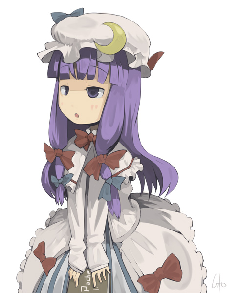 inemuri uno, patchouli knowledge, touhou, 1girl, book, cross-eyed, female focus, inemuriuno, simple background, solo, standing, white background