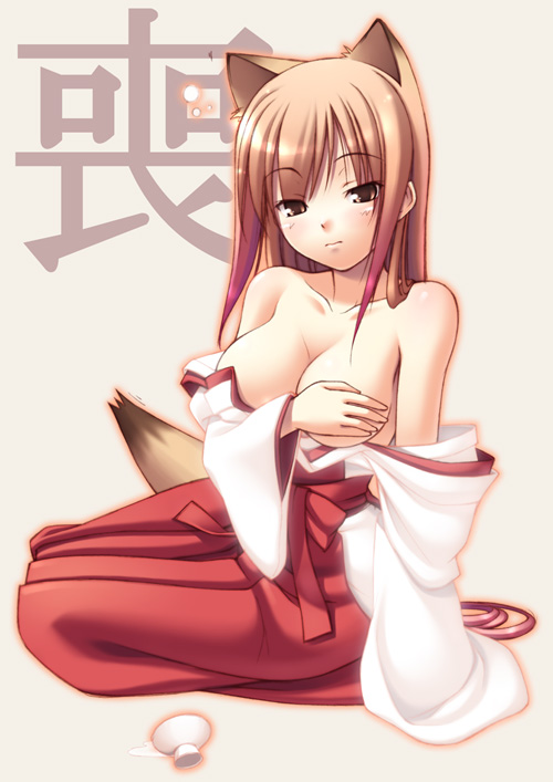 1girl, animal ears, bare shoulders, breasts, brown eyes, brown hair, cleavage, female focus, hakama, hakama skirt, japanese clothes, large breasts, long hair, miko, red hakama, skirt, solo, undressing