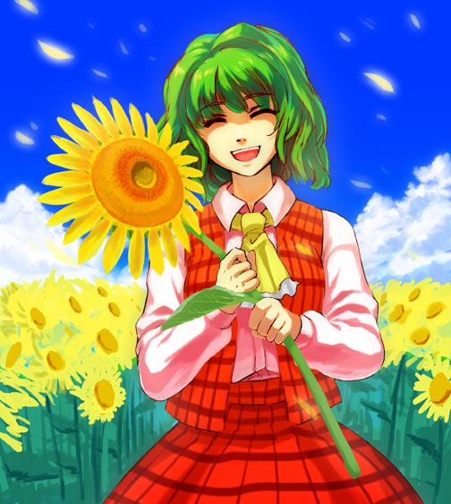 kanawo, kazami yuuka, touhou, 1girl, :d, ascot, closed eyes, female focus, flower, green hair, open mouth, plaid clothes, plaid skirt, plaid vest, short hair, skirt, skirt set, smile, solo, sunflower, vest