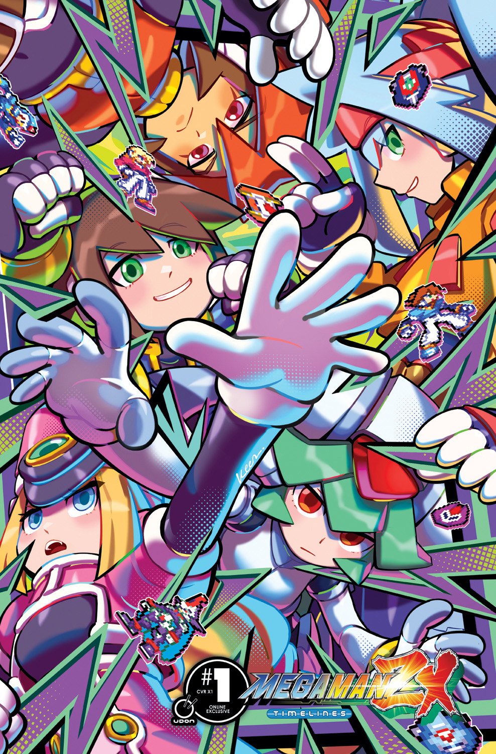 keenbiscuit, udon entertainment, aile (mega man zx), ashe (mega man), atlas (mega man), girouette (mega man), model f (mega man), model p (mega man), model x (mega man), model z (mega man), pandora (mega man), prairie (mega man), prometheus (mega man), vent (mega man), mega man (series), mega man zx, mega man zx advent, comic cover, commentary, english commentary, highres, official art, 5girls, armor, blonde hair, blue eyes, blue hair, blush, brown hair, closed mouth, company name, copyright name, cover, cover page, forehead jewel, frown, gloves, green eyes, green hair, grin, group picture, hat, helmet, jacket, logo, long hair, looking at viewer, multicolored hair, multiple girls, open mouth, orange hair, orange jacket, pink hat, red eyes, salute, shako cap, short hair, signature, smile, two-finger salute, two-tone hair, white armor, white gloves, white helmet