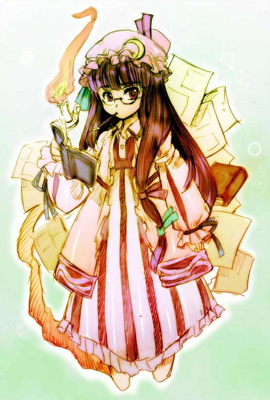 kanawo, patchouli knowledge, touhou, 1girl, bespectacled, book, female focus, full body, glasses, gradient background, mouth hold, solo