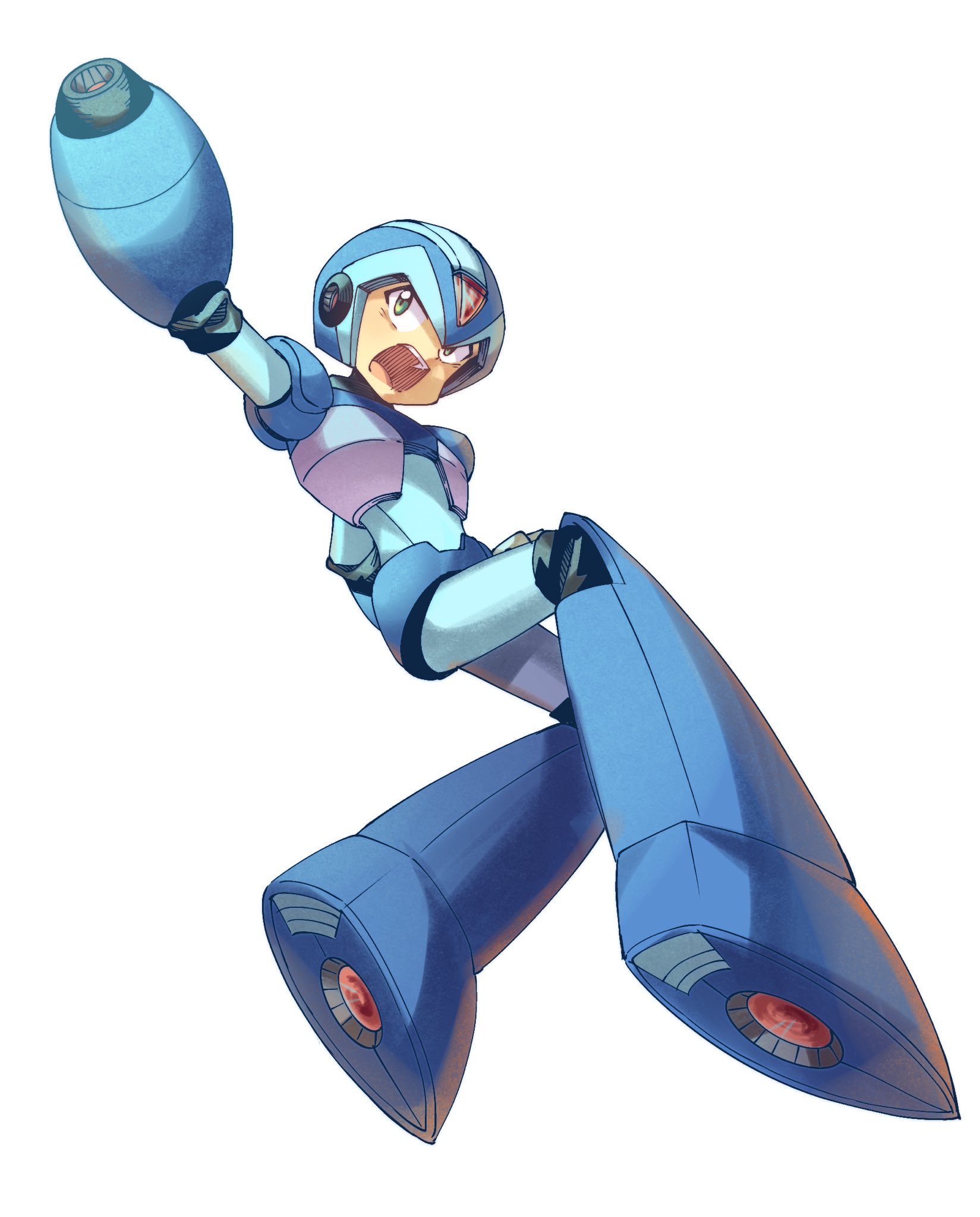 x (mega man), mega man (series), mega man x (series), highres, 1boy, android, arm cannon, armor, blue armor, blue helmet, forehead jewel, full body, green eyes, helmet, male focus, simple background, solo, thenul, weapon, white background