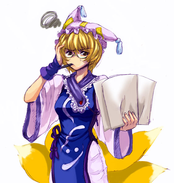 kanawo, yakumo ran, touhou, 1girl, animal hat, bespectacled, blonde hair, female focus, fox tail, glasses, hat, long sleeves, mob cap, mouth hold, multiple tails, paper, short hair, solo, tail, tassel, white background, wide sleeves