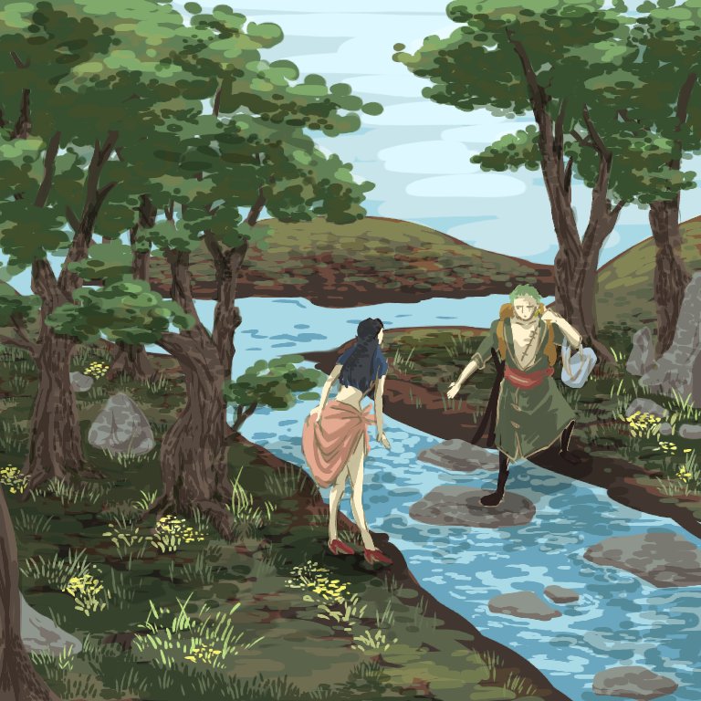 nikoban, nico robin, roronoa zoro, one piece, 1boy, 1girl, bag, black boots, blue jacket, boots, cropped jacket, green hair, green kimono, high heels, jacket, japanese clothes, kimono, outdoors, pink sarong, sarong, sash, shoulder bag, stitched torso, stitches