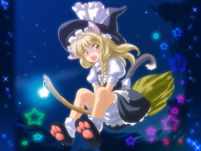 kanawo, kirisame marisa, touhou, 1girl, animal ears, blonde hair, broom, broom riding, cat ears, cat girl, cat tail, female focus, gradient background, hat, outdoors, sky, solo, star (symbol), tail, underwear, witch, witch hat