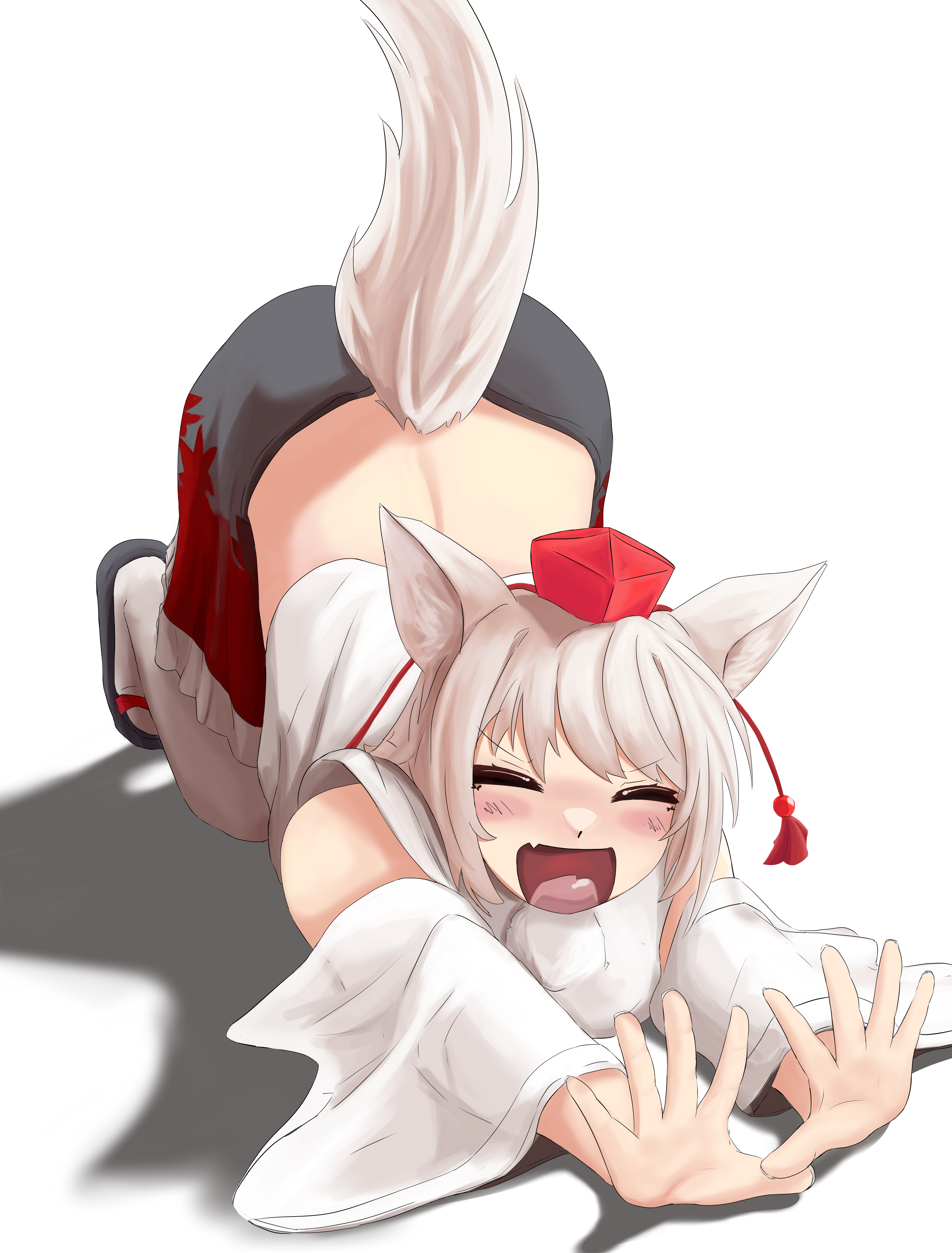 inubashiri momiji, touhou, absurdres, commentary, english commentary, highres, 1girl, all fours, animal ear fluff, animal ears, back, black skirt, blush stickers, closed eyes, detached sleeves, facing viewer, fang, from side, geta, happy, hat, leaf print, maple leaf print, open mouth, palms, pom pom (clothes), shadow, shirt, short hair, simple background, skin fang, skirt, solo, spread fingers, stretching, tail, tail raised, tokin hat, top-down bottom-up, uranus (pixiv gnmn5855), white background, white hair, white shirt, wolf ears, wolf girl, wolf tail, yawning