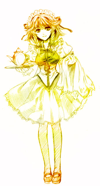 kanawo, izayoi sakuya, touhou, 1girl, female focus, monochrome, solo, yellow theme