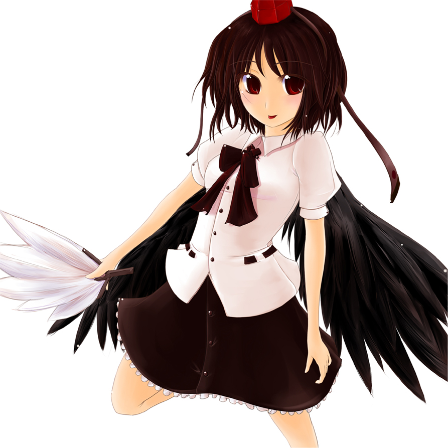 shameimaru aya, touhou, bad id, bad pixiv id, 1girl, black hair, black wings, female focus, hat, looking at viewer, short hair, skirt, solo, wings